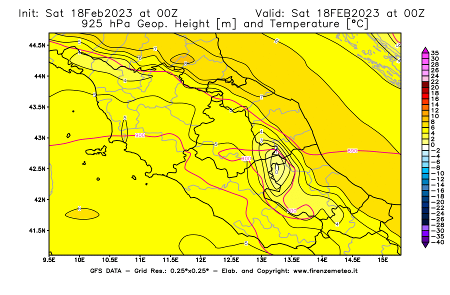 Mappa di analisi GFS - Geopotenziale [m] e Temperatura [°C] a 925 hPa in Centro-Italia
							del 18/02/2023 00 <!--googleoff: index-->UTC<!--googleon: index-->