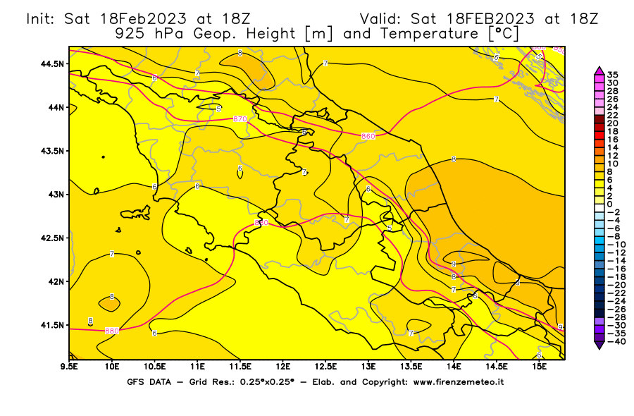 Mappa di analisi GFS - Geopotenziale [m] e Temperatura [°C] a 925 hPa in Centro-Italia
							del 18/02/2023 18 <!--googleoff: index-->UTC<!--googleon: index-->