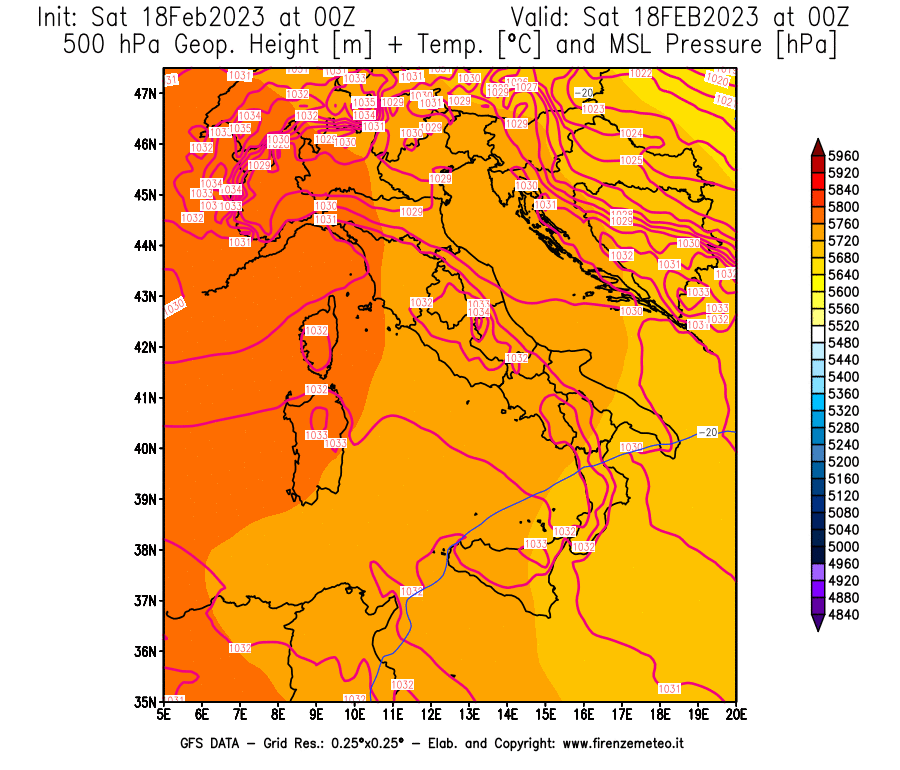 Mappa di analisi GFS - Geopotenziale [m] + Temp. [°C] a 500 hPa + Press. a livello del mare [hPa] in Italia
							del 18/02/2023 00 <!--googleoff: index-->UTC<!--googleon: index-->