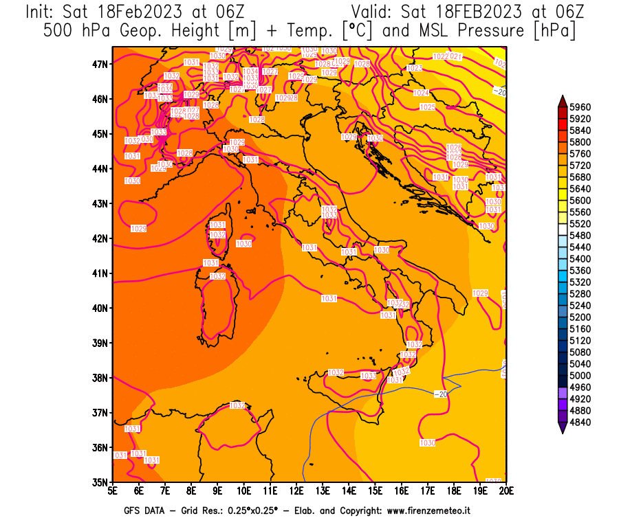 Mappa di analisi GFS - Geopotenziale [m] + Temp. [°C] a 500 hPa + Press. a livello del mare [hPa] in Italia
							del 18/02/2023 06 <!--googleoff: index-->UTC<!--googleon: index-->