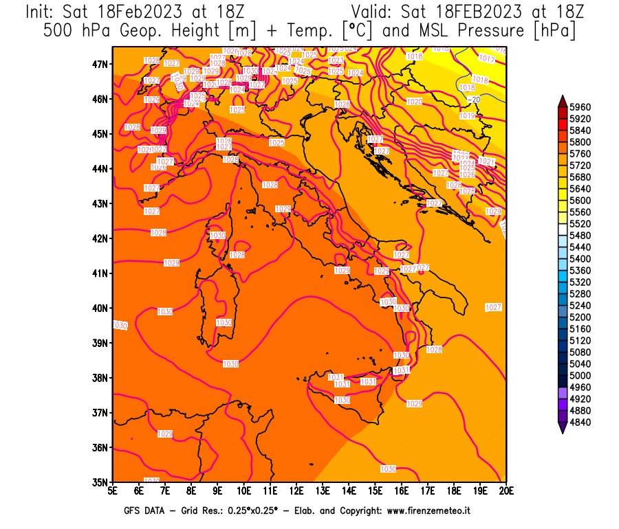 Mappa di analisi GFS - Geopotenziale [m] + Temp. [°C] a 500 hPa + Press. a livello del mare [hPa] in Italia
							del 18/02/2023 18 <!--googleoff: index-->UTC<!--googleon: index-->