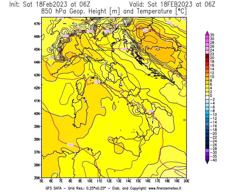 Mappa di analisi GFS - Geopotenziale [m] e Temperatura [°C] a 850 hPa in Italia
							del 18/02/2023 06 <!--googleoff: index-->UTC<!--googleon: index-->