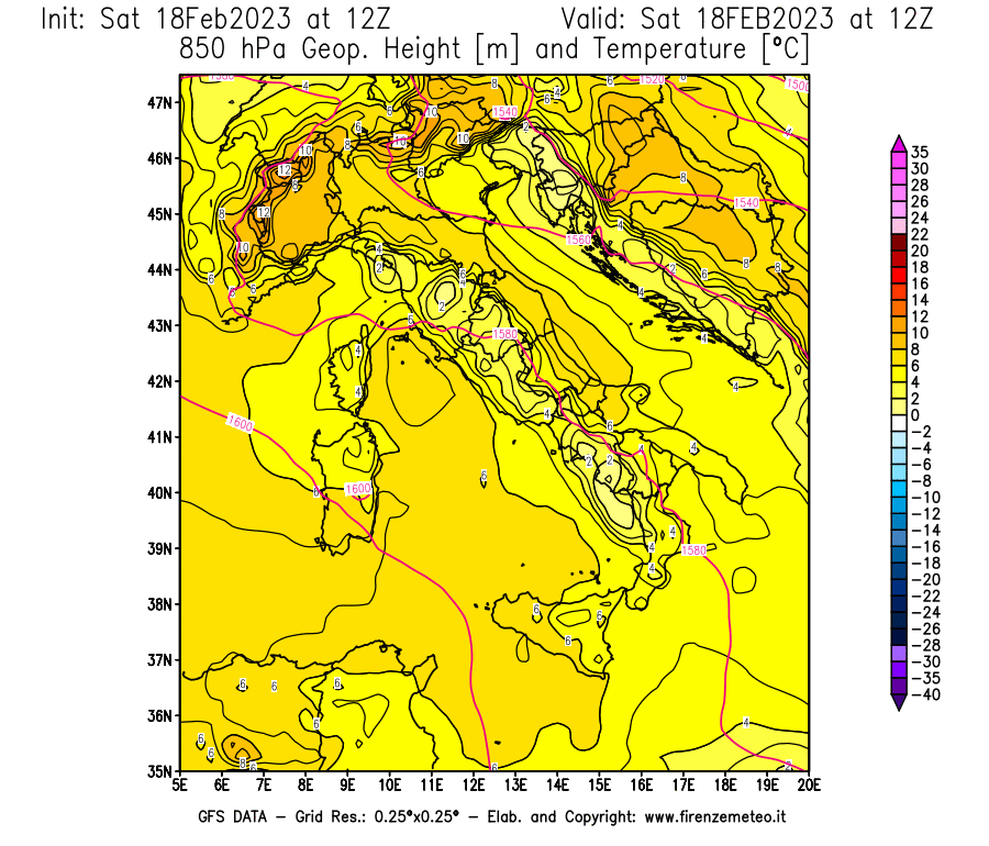 Mappa di analisi GFS - Geopotenziale [m] e Temperatura [°C] a 850 hPa in Italia
							del 18/02/2023 12 <!--googleoff: index-->UTC<!--googleon: index-->