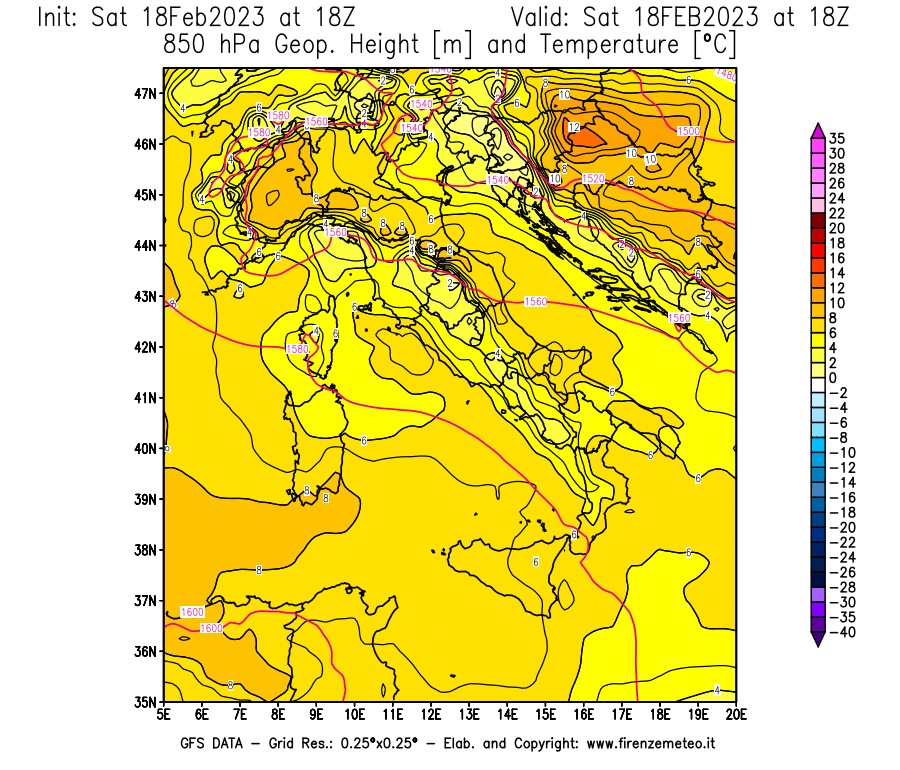 Mappa di analisi GFS - Geopotenziale [m] e Temperatura [°C] a 850 hPa in Italia
							del 18/02/2023 18 <!--googleoff: index-->UTC<!--googleon: index-->