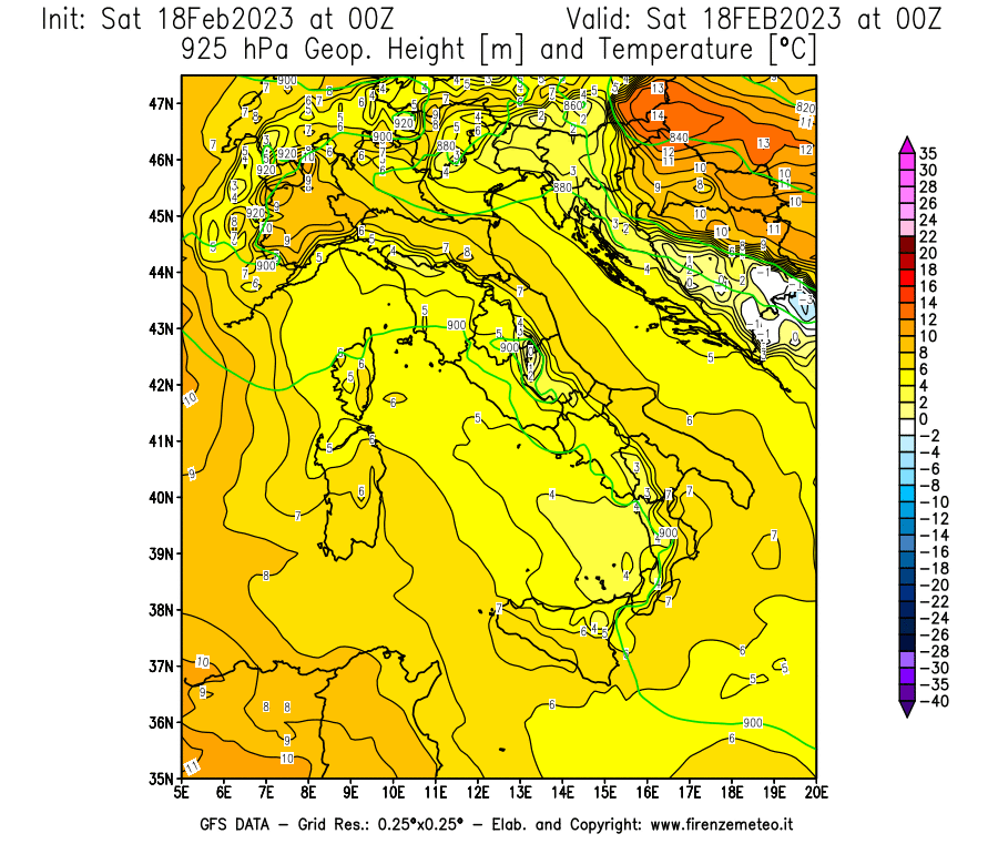 Mappa di analisi GFS - Geopotenziale [m] e Temperatura [°C] a 925 hPa in Italia
							del 18/02/2023 00 <!--googleoff: index-->UTC<!--googleon: index-->