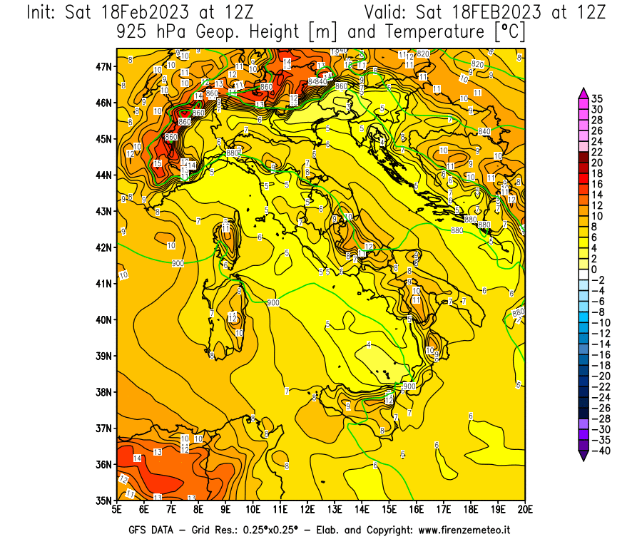 Mappa di analisi GFS - Geopotenziale [m] e Temperatura [°C] a 925 hPa in Italia
							del 18/02/2023 12 <!--googleoff: index-->UTC<!--googleon: index-->
