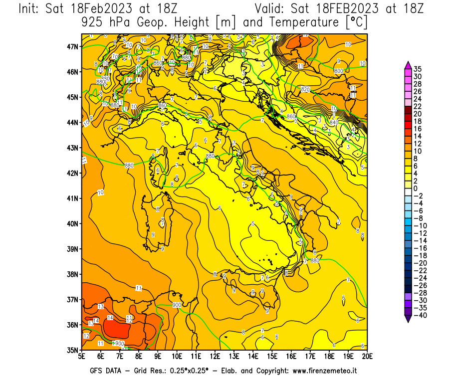 Mappa di analisi GFS - Geopotenziale [m] e Temperatura [°C] a 925 hPa in Italia
							del 18/02/2023 18 <!--googleoff: index-->UTC<!--googleon: index-->