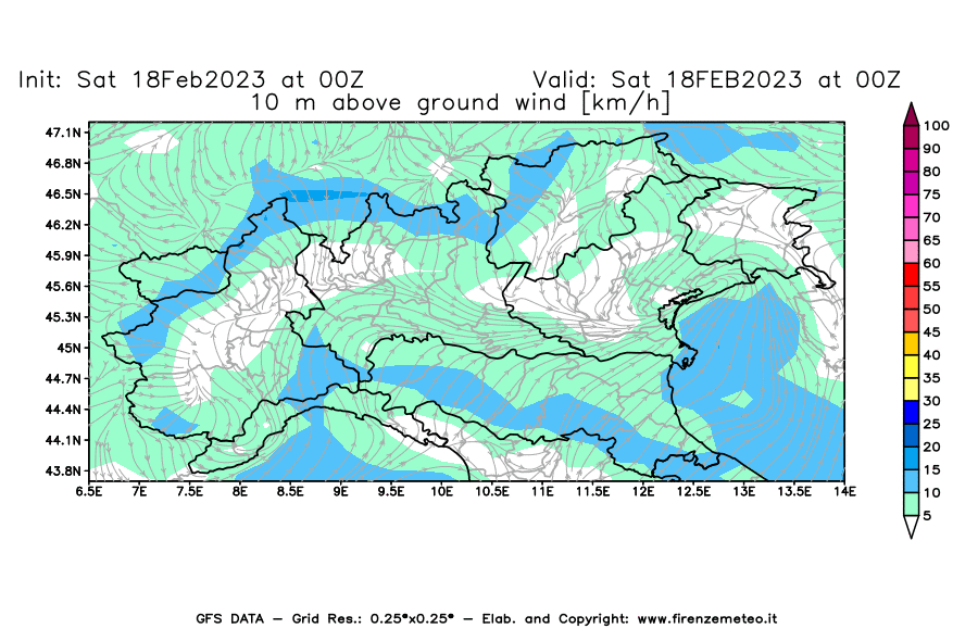 Mappa di analisi GFS - Velocità del vento a 10 metri dal suolo [km/h] in Nord-Italia
							del 18/02/2023 00 <!--googleoff: index-->UTC<!--googleon: index-->