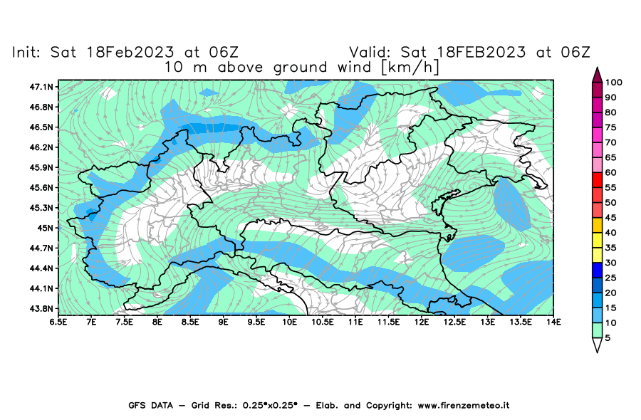 Mappa di analisi GFS - Velocità del vento a 10 metri dal suolo [km/h] in Nord-Italia
							del 18/02/2023 06 <!--googleoff: index-->UTC<!--googleon: index-->