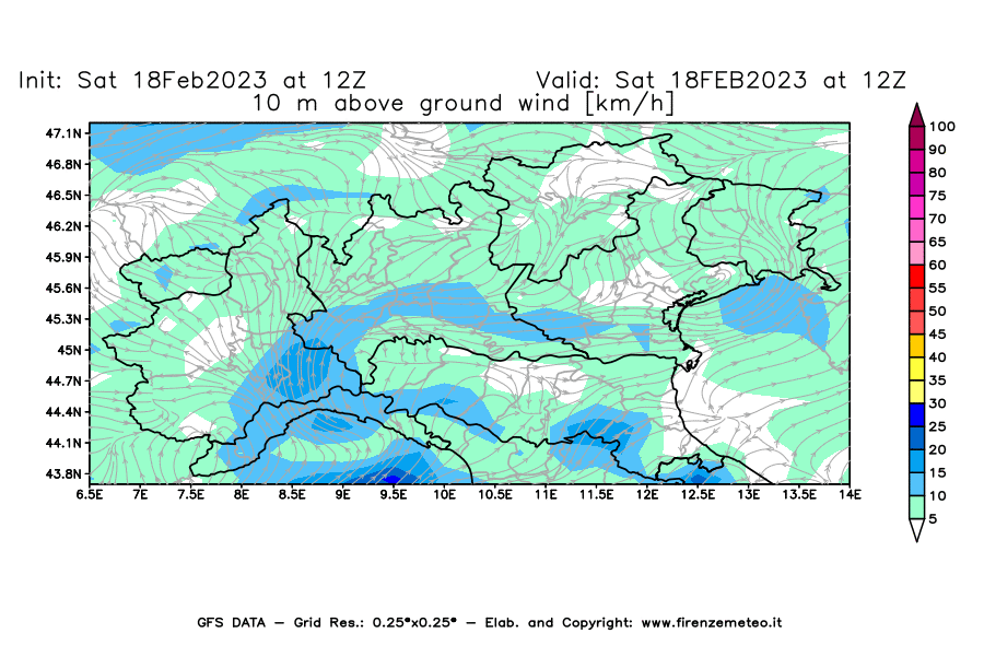 Mappa di analisi GFS - Velocità del vento a 10 metri dal suolo [km/h] in Nord-Italia
							del 18/02/2023 12 <!--googleoff: index-->UTC<!--googleon: index-->