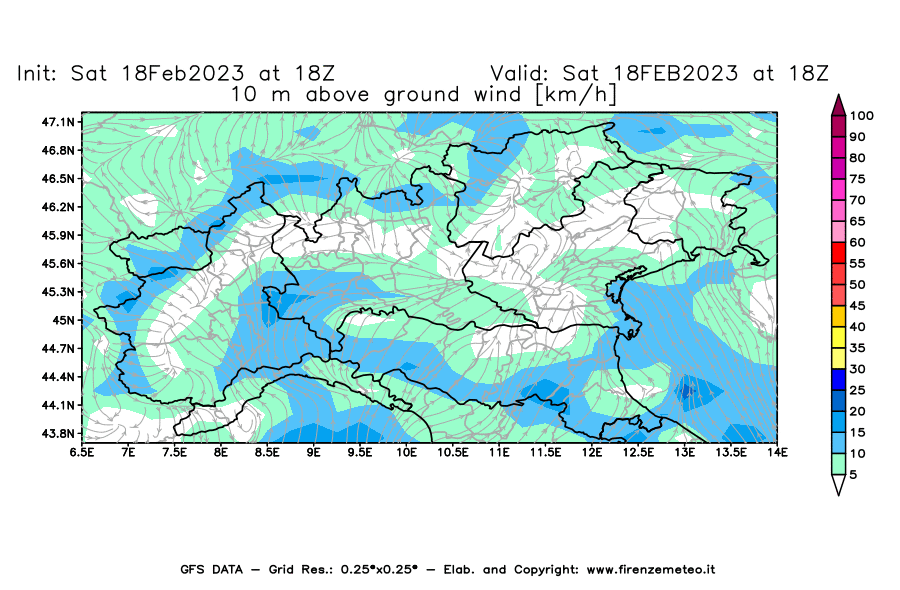 Mappa di analisi GFS - Velocità del vento a 10 metri dal suolo [km/h] in Nord-Italia
							del 18/02/2023 18 <!--googleoff: index-->UTC<!--googleon: index-->