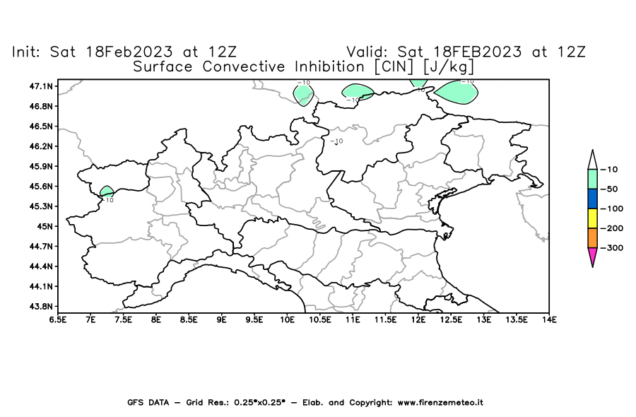 Mappa di analisi GFS - CIN [J/kg] in Nord-Italia
							del 18/02/2023 12 <!--googleoff: index-->UTC<!--googleon: index-->