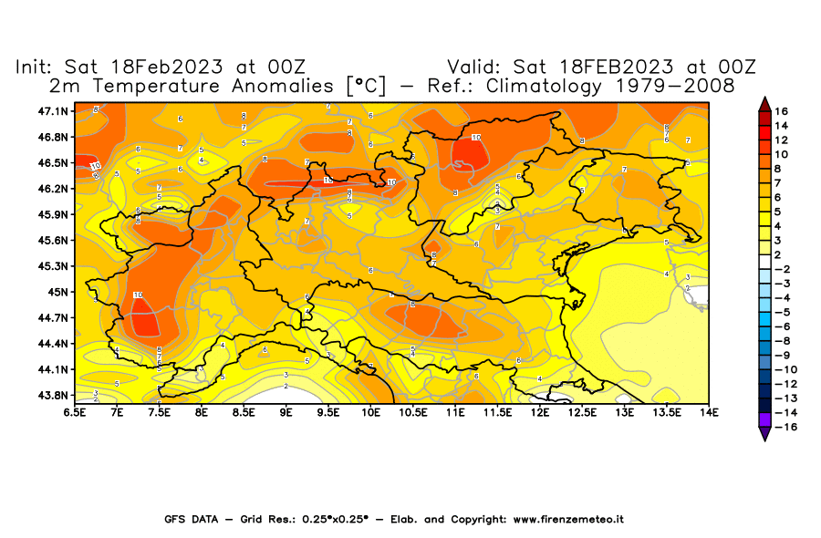 Mappa di analisi GFS - Anomalia Temperatura [°C] a 2 m in Nord-Italia
							del 18/02/2023 00 <!--googleoff: index-->UTC<!--googleon: index-->