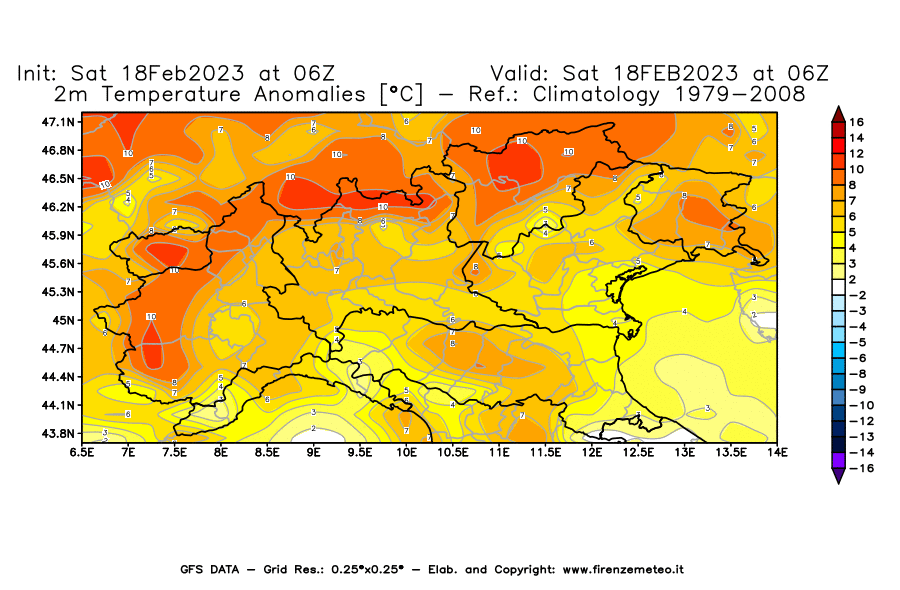Mappa di analisi GFS - Anomalia Temperatura [°C] a 2 m in Nord-Italia
							del 18/02/2023 06 <!--googleoff: index-->UTC<!--googleon: index-->