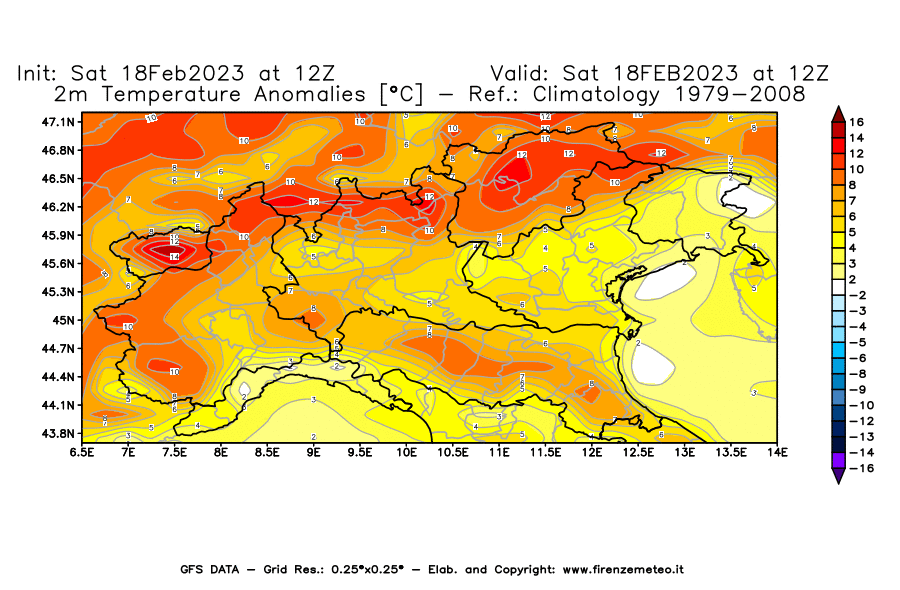Mappa di analisi GFS - Anomalia Temperatura [°C] a 2 m in Nord-Italia
							del 18/02/2023 12 <!--googleoff: index-->UTC<!--googleon: index-->