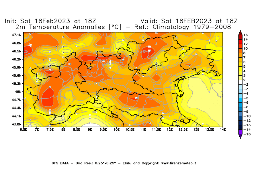 Mappa di analisi GFS - Anomalia Temperatura [°C] a 2 m in Nord-Italia
							del 18/02/2023 18 <!--googleoff: index-->UTC<!--googleon: index-->