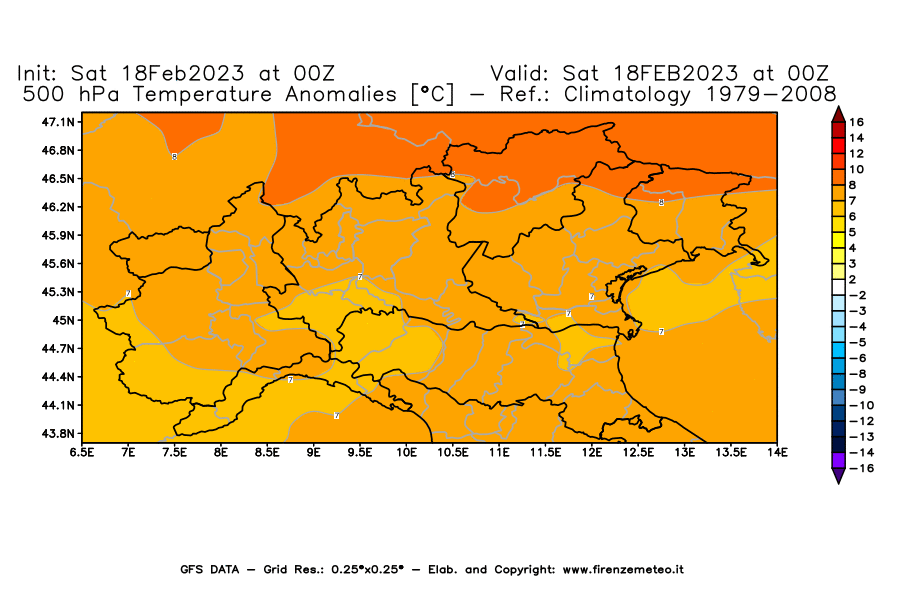 Mappa di analisi GFS - Anomalia Temperatura [°C] a 500 hPa in Nord-Italia
							del 18/02/2023 00 <!--googleoff: index-->UTC<!--googleon: index-->