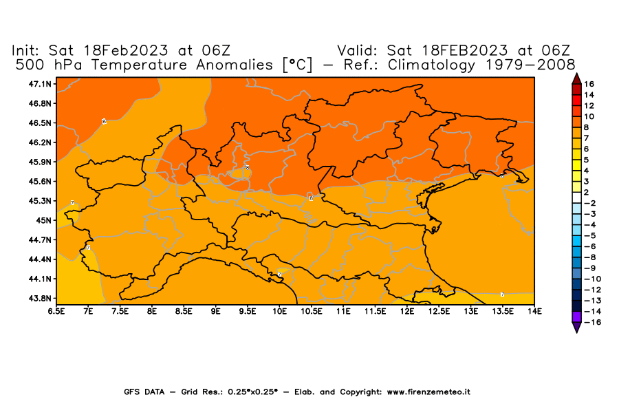 Mappa di analisi GFS - Anomalia Temperatura [°C] a 500 hPa in Nord-Italia
							del 18/02/2023 06 <!--googleoff: index-->UTC<!--googleon: index-->