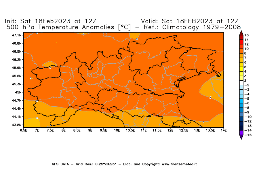 Mappa di analisi GFS - Anomalia Temperatura [°C] a 500 hPa in Nord-Italia
							del 18/02/2023 12 <!--googleoff: index-->UTC<!--googleon: index-->