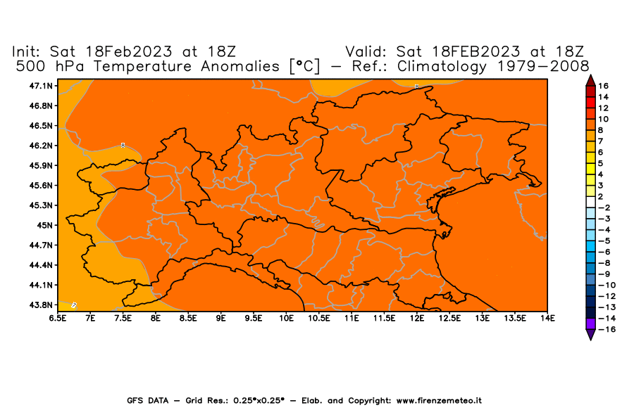 Mappa di analisi GFS - Anomalia Temperatura [°C] a 500 hPa in Nord-Italia
							del 18/02/2023 18 <!--googleoff: index-->UTC<!--googleon: index-->