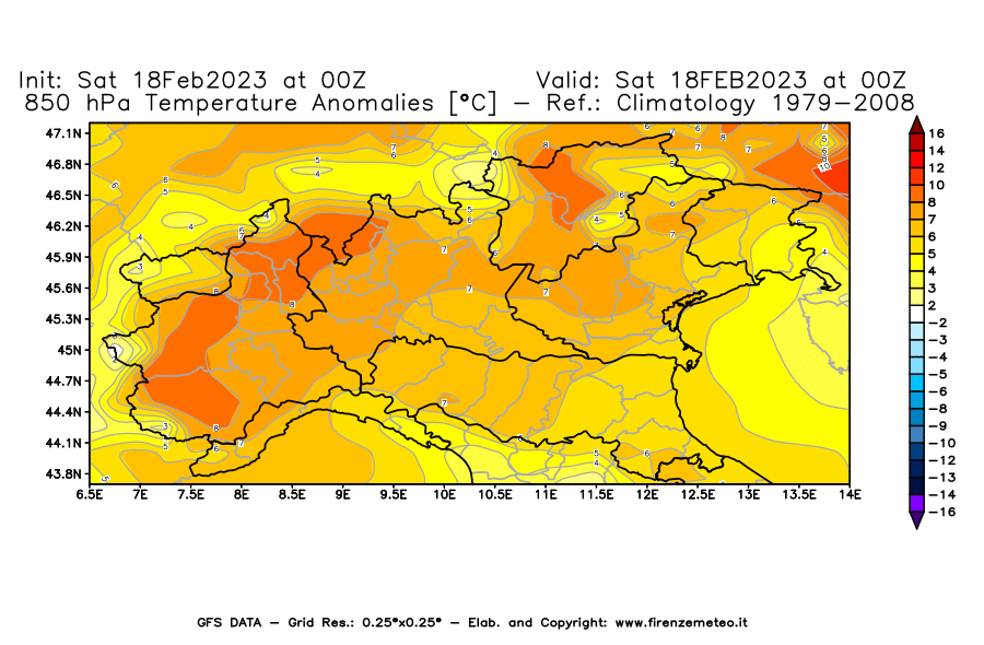 Mappa di analisi GFS - Anomalia Temperatura [°C] a 850 hPa in Nord-Italia
							del 18/02/2023 00 <!--googleoff: index-->UTC<!--googleon: index-->