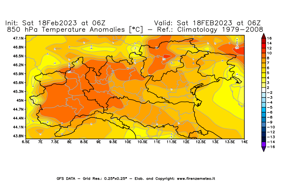 Mappa di analisi GFS - Anomalia Temperatura [°C] a 850 hPa in Nord-Italia
							del 18/02/2023 06 <!--googleoff: index-->UTC<!--googleon: index-->