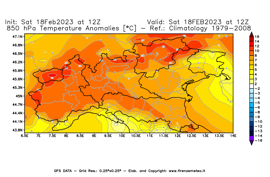 Mappa di analisi GFS - Anomalia Temperatura [°C] a 850 hPa in Nord-Italia
							del 18/02/2023 12 <!--googleoff: index-->UTC<!--googleon: index-->