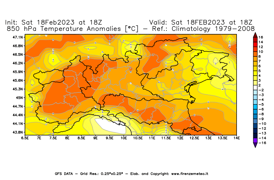 Mappa di analisi GFS - Anomalia Temperatura [°C] a 850 hPa in Nord-Italia
							del 18/02/2023 18 <!--googleoff: index-->UTC<!--googleon: index-->