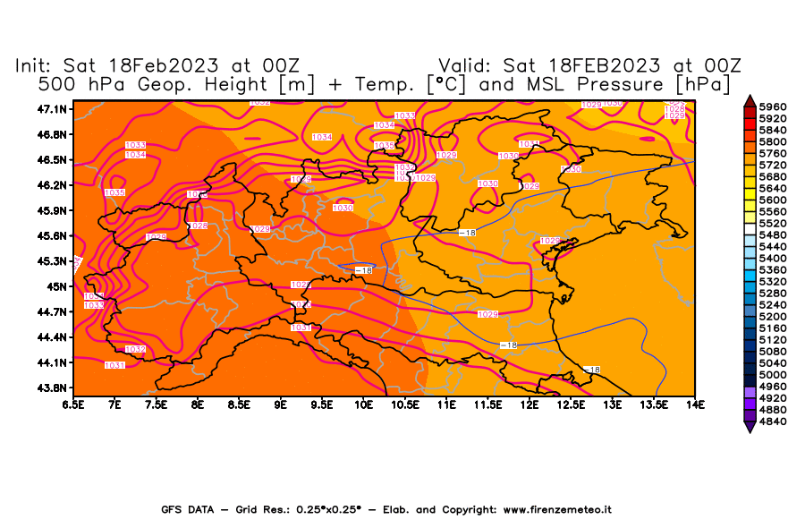 Mappa di analisi GFS - Geopotenziale [m] + Temp. [°C] a 500 hPa + Press. a livello del mare [hPa] in Nord-Italia
							del 18/02/2023 00 <!--googleoff: index-->UTC<!--googleon: index-->