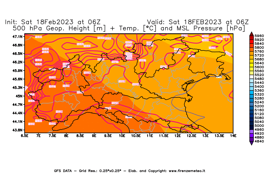 Mappa di analisi GFS - Geopotenziale [m] + Temp. [°C] a 500 hPa + Press. a livello del mare [hPa] in Nord-Italia
							del 18/02/2023 06 <!--googleoff: index-->UTC<!--googleon: index-->