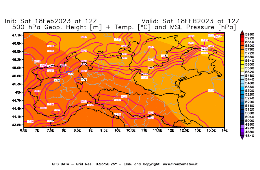 Mappa di analisi GFS - Geopotenziale [m] + Temp. [°C] a 500 hPa + Press. a livello del mare [hPa] in Nord-Italia
							del 18/02/2023 12 <!--googleoff: index-->UTC<!--googleon: index-->