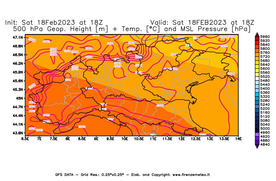 Mappa di analisi GFS - Geopotenziale [m] + Temp. [°C] a 500 hPa + Press. a livello del mare [hPa] in Nord-Italia
							del 18/02/2023 18 <!--googleoff: index-->UTC<!--googleon: index-->