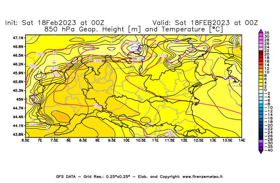 Mappa di analisi GFS - Geopotenziale [m] e Temperatura [°C] a 850 hPa in Nord-Italia
							del 18/02/2023 00 <!--googleoff: index-->UTC<!--googleon: index-->