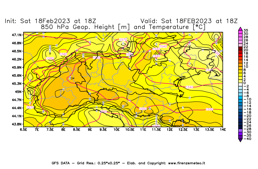 Mappa di analisi GFS - Geopotenziale [m] e Temperatura [°C] a 850 hPa in Nord-Italia
							del 18/02/2023 18 <!--googleoff: index-->UTC<!--googleon: index-->