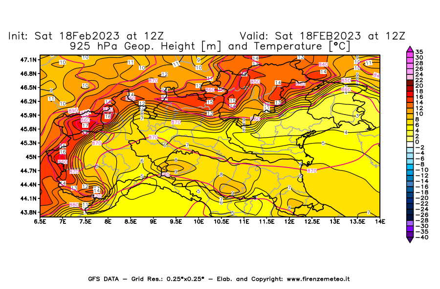 Mappa di analisi GFS - Geopotenziale [m] e Temperatura [°C] a 925 hPa in Nord-Italia
							del 18/02/2023 12 <!--googleoff: index-->UTC<!--googleon: index-->