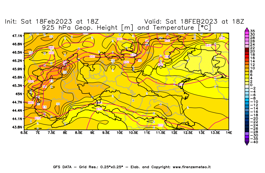Mappa di analisi GFS - Geopotenziale [m] e Temperatura [°C] a 925 hPa in Nord-Italia
							del 18/02/2023 18 <!--googleoff: index-->UTC<!--googleon: index-->