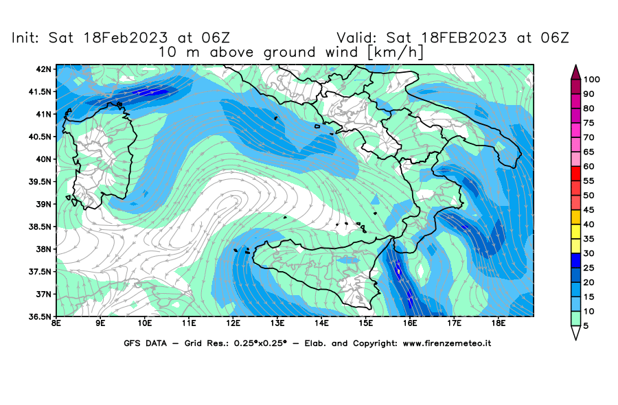 Mappa di analisi GFS - Velocità del vento a 10 metri dal suolo [km/h] in Sud-Italia
							del 18/02/2023 06 <!--googleoff: index-->UTC<!--googleon: index-->