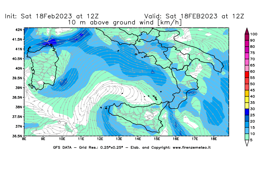 Mappa di analisi GFS - Velocità del vento a 10 metri dal suolo [km/h] in Sud-Italia
							del 18/02/2023 12 <!--googleoff: index-->UTC<!--googleon: index-->