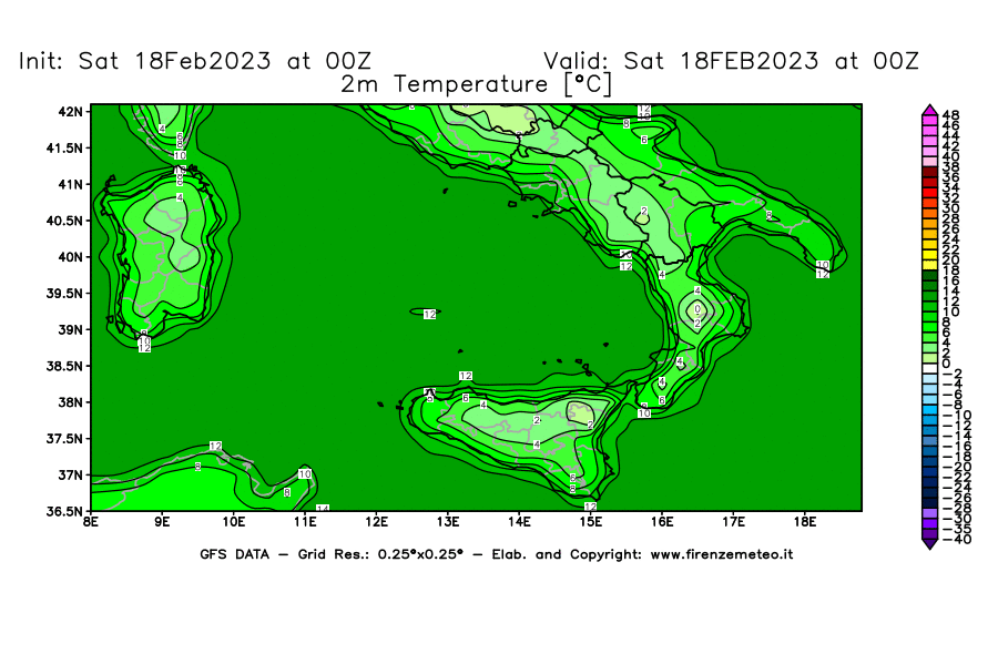 Mappa di analisi GFS - Temperatura a 2 metri dal suolo [°C] in Sud-Italia
							del 18/02/2023 00 <!--googleoff: index-->UTC<!--googleon: index-->