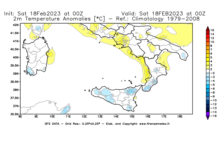 Mappa di analisi GFS - Anomalia Temperatura [°C] a 2 m in Sud-Italia
							del 18/02/2023 00 <!--googleoff: index-->UTC<!--googleon: index-->