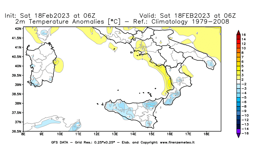Mappa di analisi GFS - Anomalia Temperatura [°C] a 2 m in Sud-Italia
							del 18/02/2023 06 <!--googleoff: index-->UTC<!--googleon: index-->