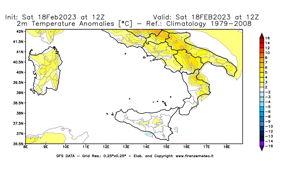 Mappa di analisi GFS - Anomalia Temperatura [°C] a 2 m in Sud-Italia
							del 18/02/2023 12 <!--googleoff: index-->UTC<!--googleon: index-->