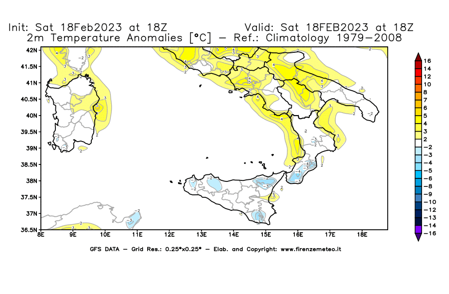 Mappa di analisi GFS - Anomalia Temperatura [°C] a 2 m in Sud-Italia
							del 18/02/2023 18 <!--googleoff: index-->UTC<!--googleon: index-->