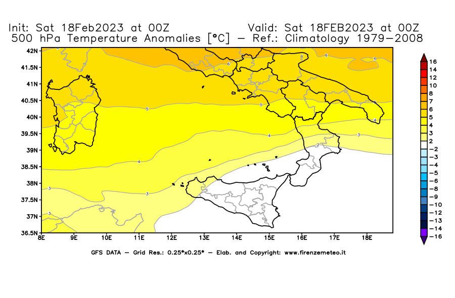 Mappa di analisi GFS - Anomalia Temperatura [°C] a 500 hPa in Sud-Italia
							del 18/02/2023 00 <!--googleoff: index-->UTC<!--googleon: index-->
