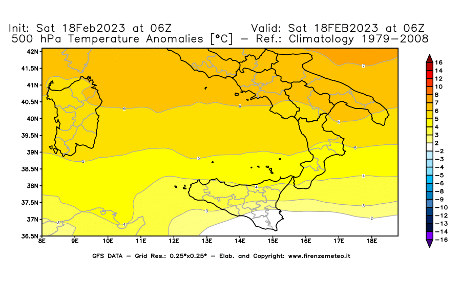 Mappa di analisi GFS - Anomalia Temperatura [°C] a 500 hPa in Sud-Italia
							del 18/02/2023 06 <!--googleoff: index-->UTC<!--googleon: index-->