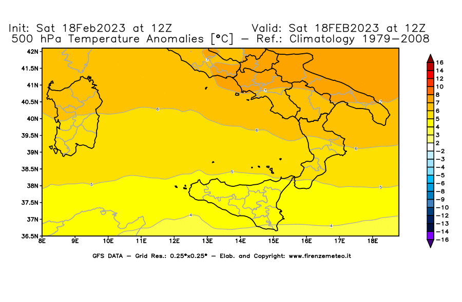 Mappa di analisi GFS - Anomalia Temperatura [°C] a 500 hPa in Sud-Italia
							del 18/02/2023 12 <!--googleoff: index-->UTC<!--googleon: index-->