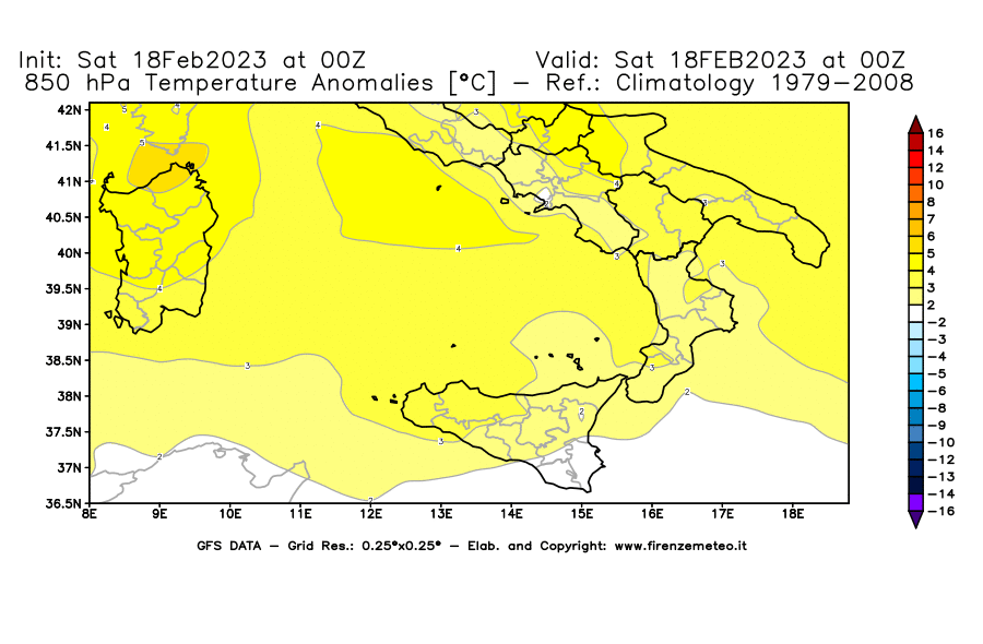 Mappa di analisi GFS - Anomalia Temperatura [°C] a 850 hPa in Sud-Italia
							del 18/02/2023 00 <!--googleoff: index-->UTC<!--googleon: index-->