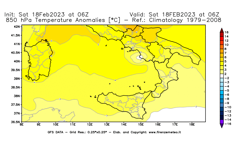 Mappa di analisi GFS - Anomalia Temperatura [°C] a 850 hPa in Sud-Italia
							del 18/02/2023 06 <!--googleoff: index-->UTC<!--googleon: index-->