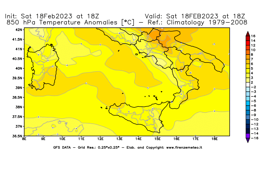 Mappa di analisi GFS - Anomalia Temperatura [°C] a 850 hPa in Sud-Italia
							del 18/02/2023 18 <!--googleoff: index-->UTC<!--googleon: index-->