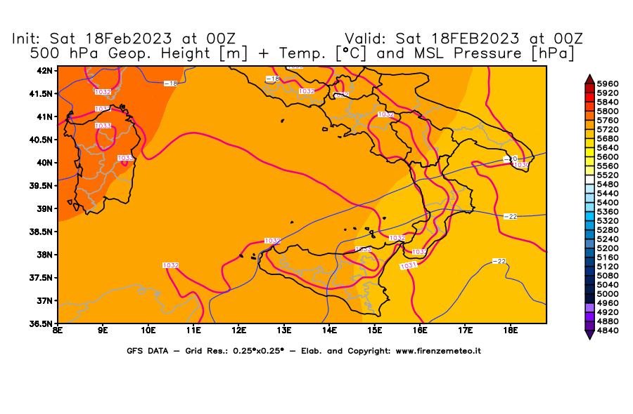 Mappa di analisi GFS - Geopotenziale [m] + Temp. [°C] a 500 hPa + Press. a livello del mare [hPa] in Sud-Italia
							del 18/02/2023 00 <!--googleoff: index-->UTC<!--googleon: index-->